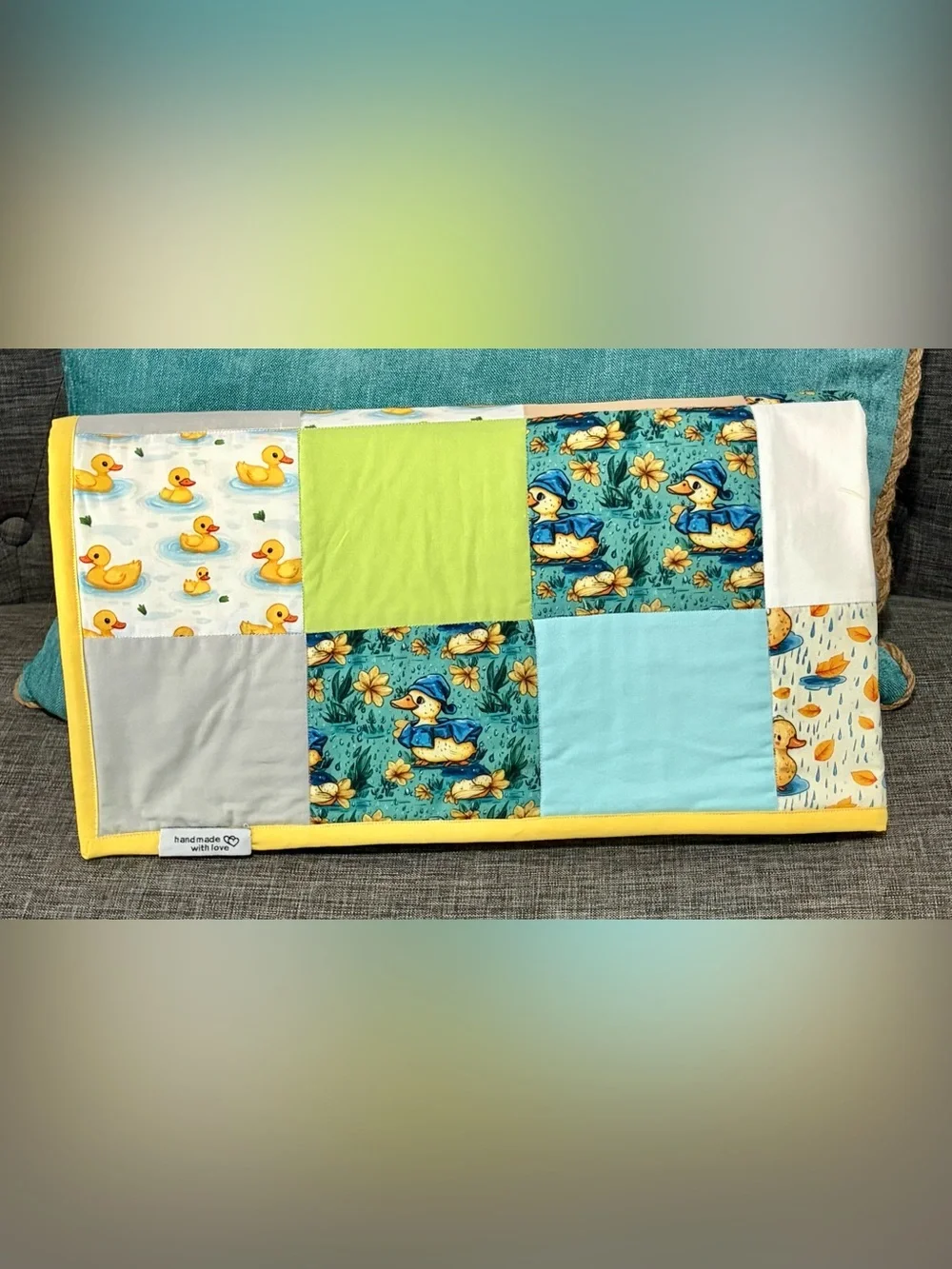 Patchwork Duck Baby Quilt in Yellow, Blue & Teal